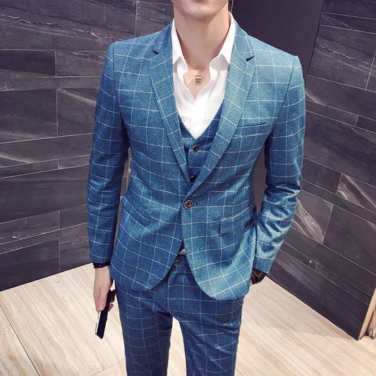 2024Fine Mens Micro Elastic Youth Korean Version Slim (suit + Vest + Trousers) Groom Wedding Dress British Style Three - piece Set - SHOWLU FASHION STORE