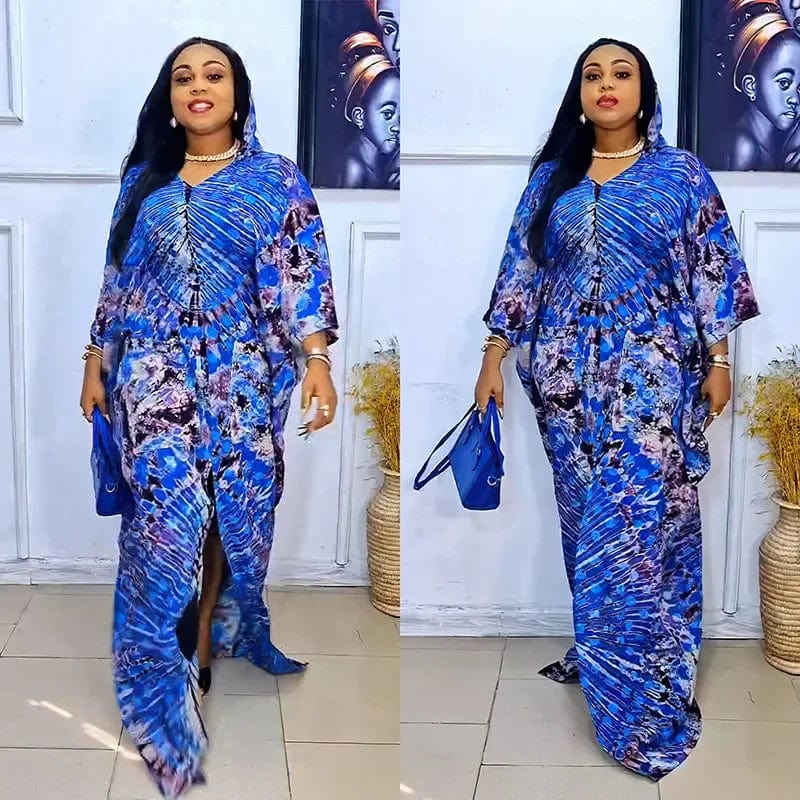 African Dashiki Ankara maxi dress with vibrant patterns, traditional Muslim kaftan style, long flowing gown for women.