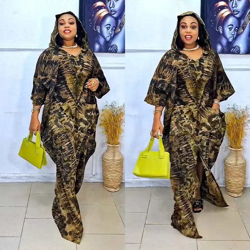 African Dashiki Ankara maxi dress featuring vibrant traditional patterns, long flowing gown for women, Muslim kaftan style.