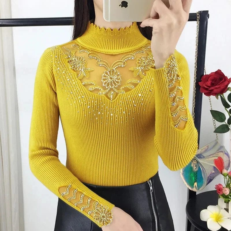 Women's loose long sleeve mock neck knit sweater by SHOWLU FASHION STORE, cozy cotton pullover for autumn and winter.