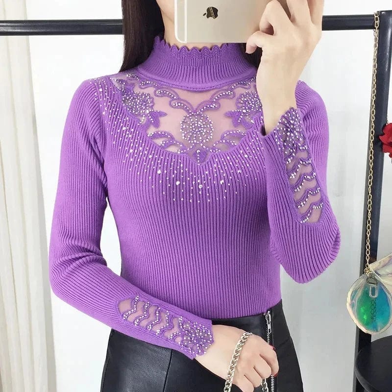 Women's loose mock neck knit sweater by SHOWLU FASHION STORE, long sleeve cotton pullover, warm autumn-winter top.