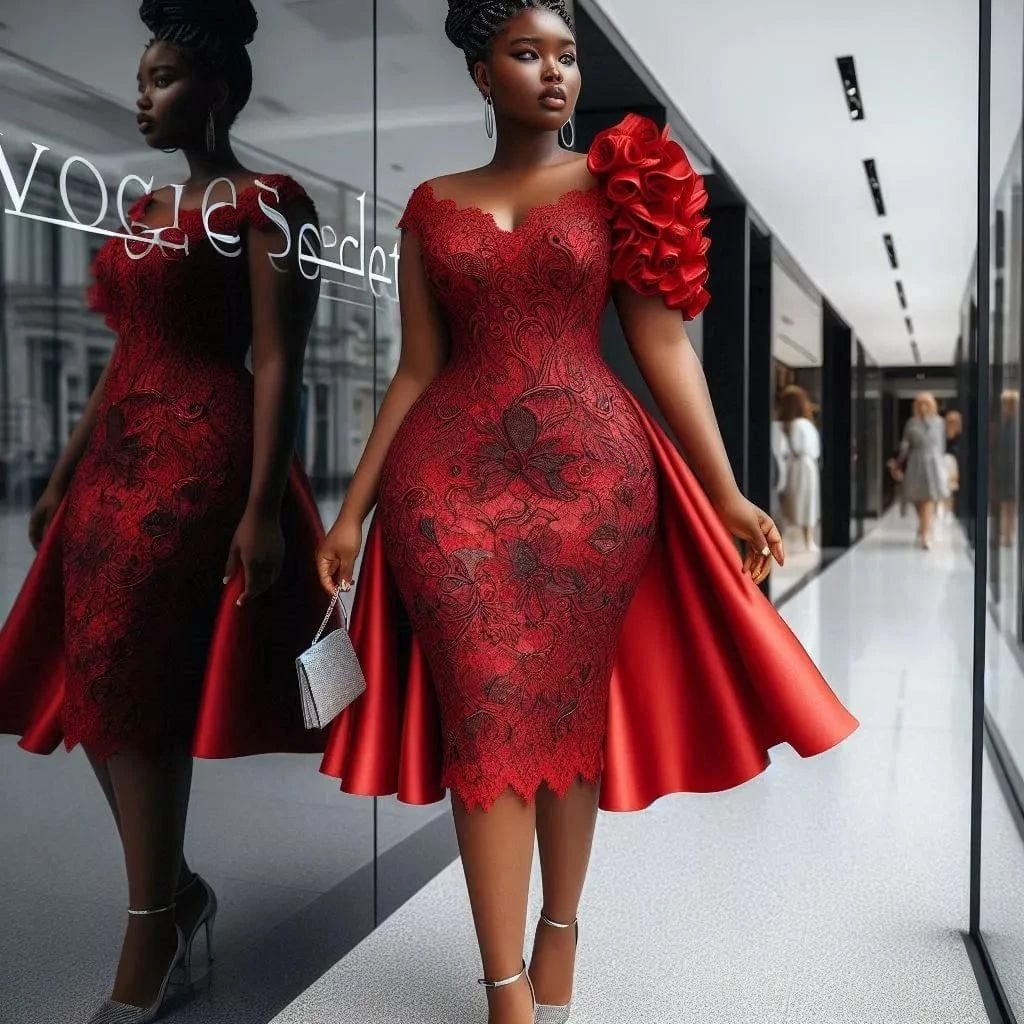 Red short prom dress by SHOWLU FASHION STORE featuring satin fabric, knee length, lace accents, perfect for Nigerian wedding and party events.