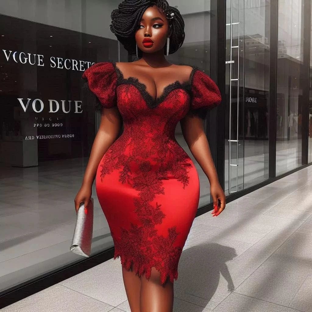 Red short prom dress by SHOWLU FASHION STORE featuring black lace accents, knee-length Aso Ebi satin gown for Nigerian parties.