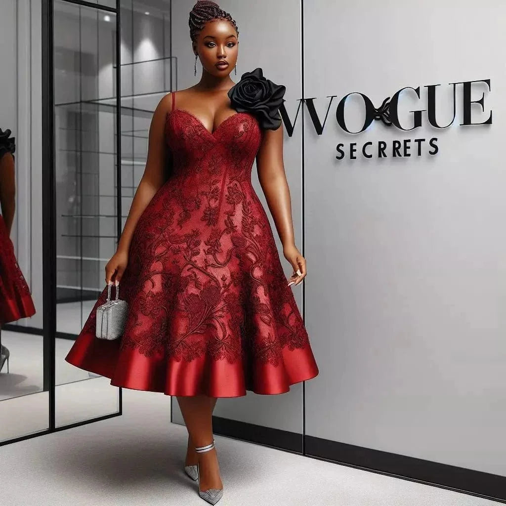 Red short prom dress by SHOWLU FASHION STORE, knee-length Aso Ebi satin gown with black lace detailing for Nigerian parties and events.