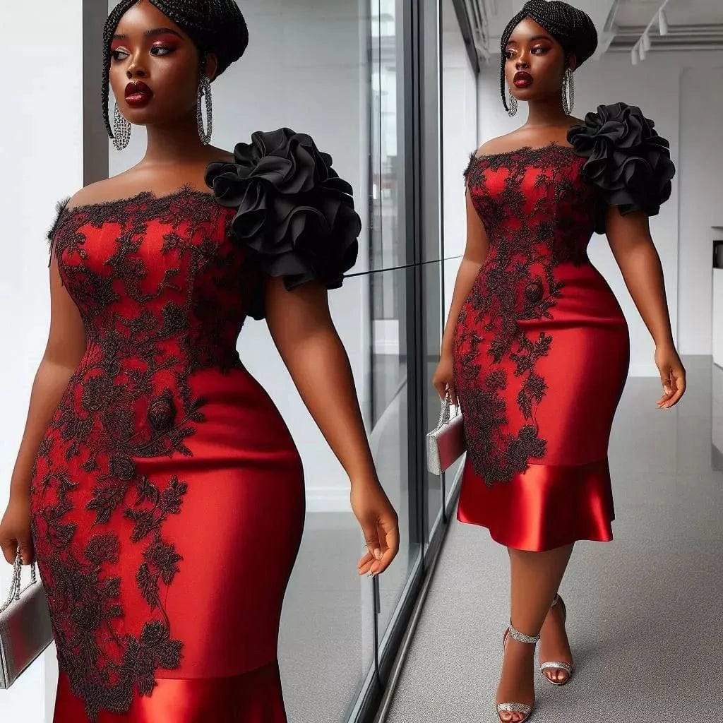 Red short prom dress by SHOWLU FASHION with black lace details, knee-length Aso Ebi satin gown for Nigerian weddings and parties.
