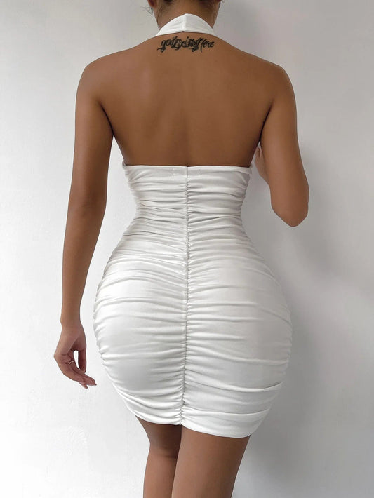 2025 Summer Short White Halter Dresses Sexy Ruffle V Neck Deep Evening Party Dress Clubwear Women Tight Club Mini Dress Clubwear - SHOWLU FASHION STORE