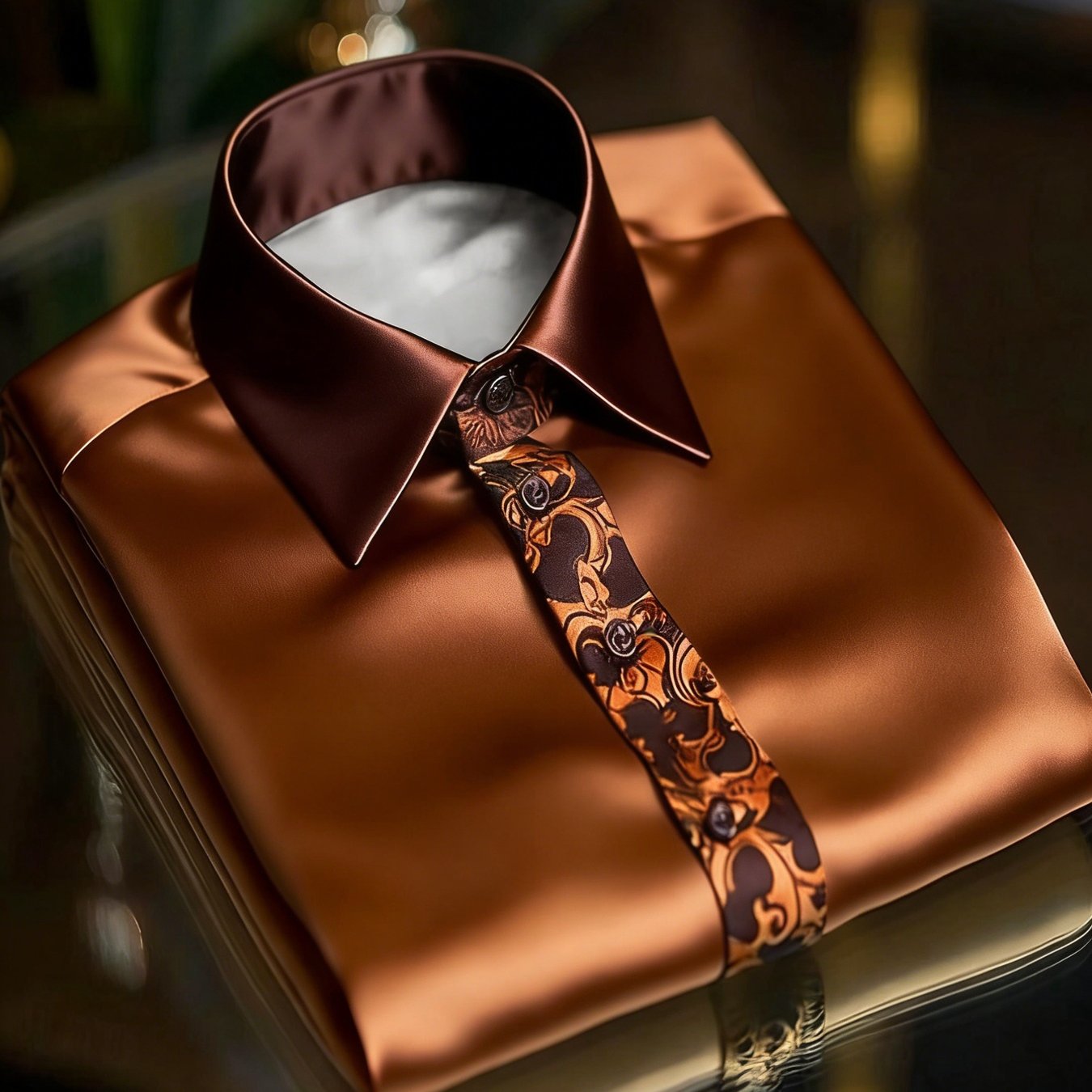 Showlu men's vintage brown Mandarin collar button-up shirt made of polyester, featuring a classic style and tailored fit.