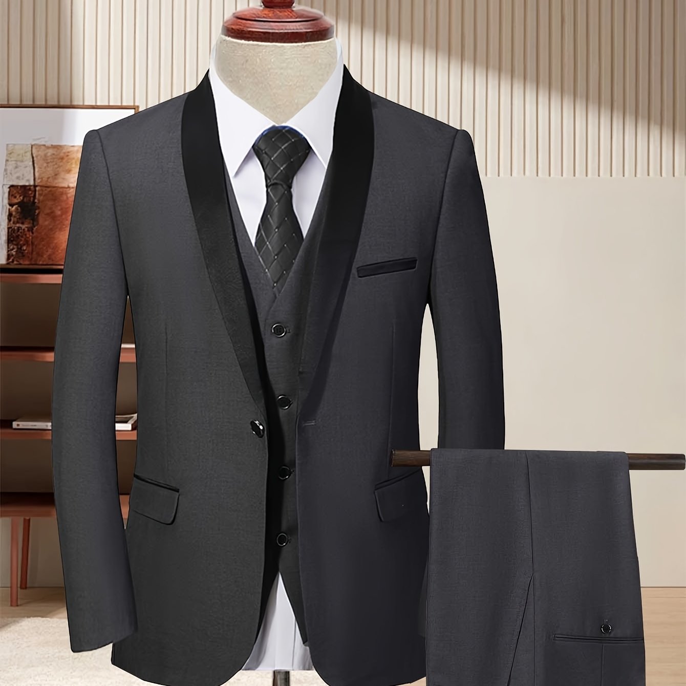 Men's slim fit wedding suit by SHOWLU FASHION STORE with shawl collar tuxedo, 3-piece set including jacket, vest, and trousers.