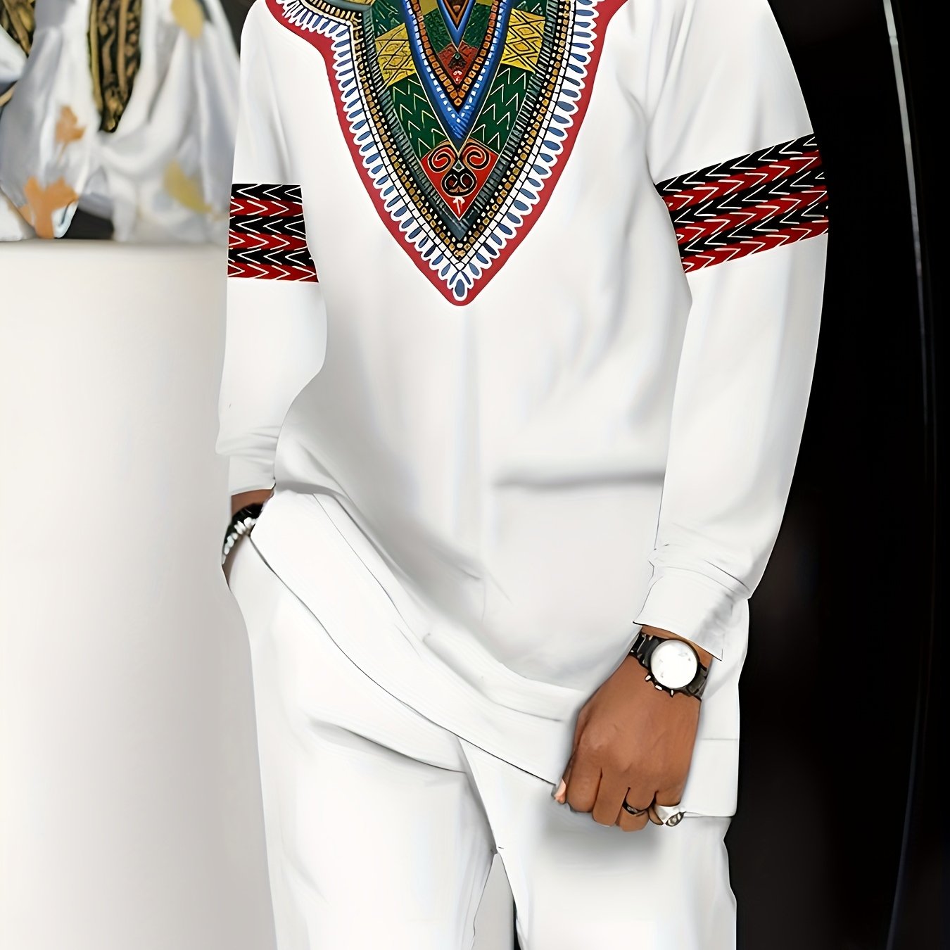 SHOWLU Men's African-inspired white knit suit set, featuring plus size polyester fabric, stylish and comfortable for modern fashion.