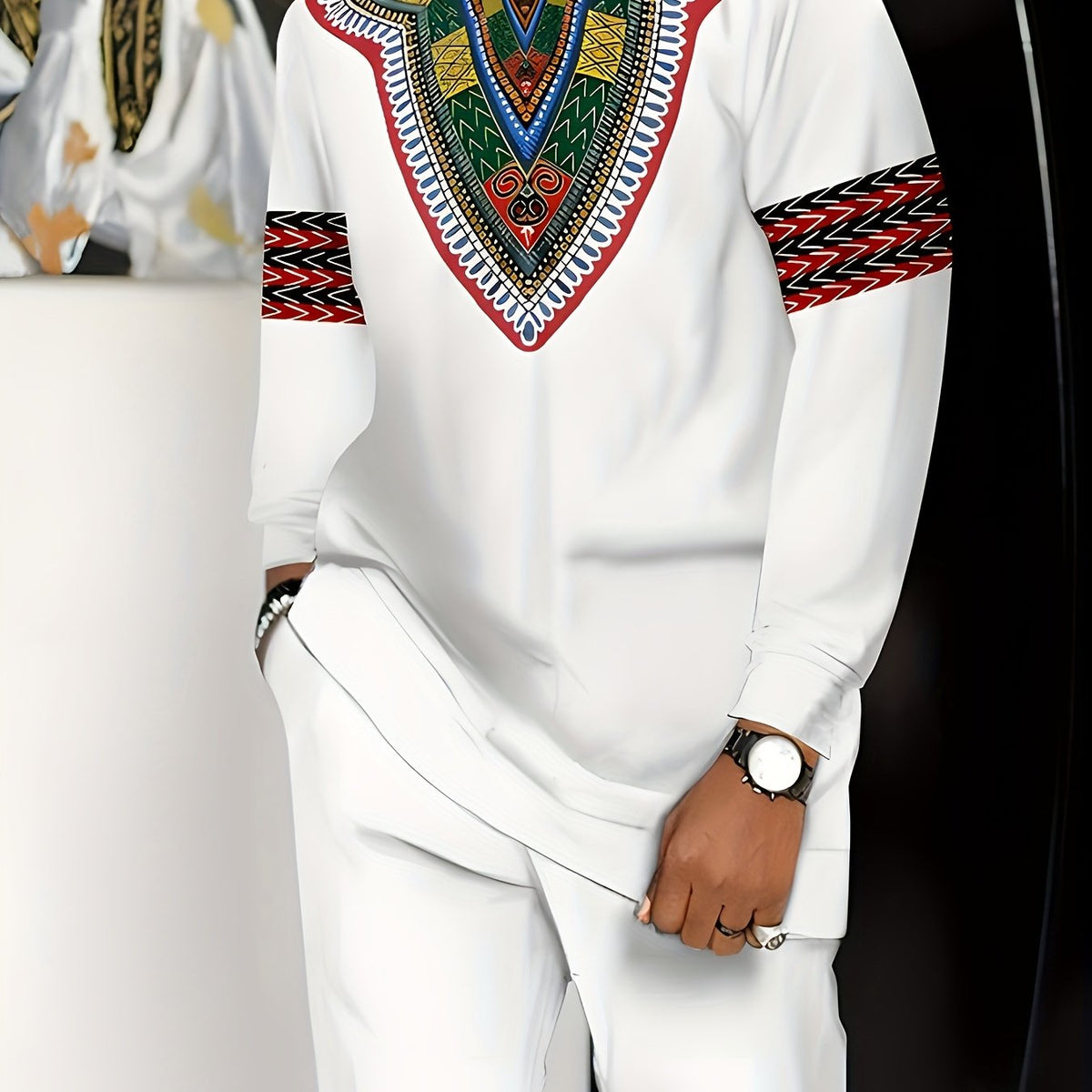 [African-Inspired Suit] Breathable Knit Polyester Men's African-Inspired Suit - White with Green, Red, Black Accents | Formal & Casual Events, Machine Washable, Round Neck Design, Comfortable Fit, PLUS SIZE, Business Party Ou