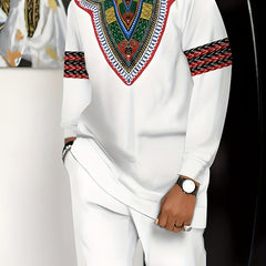 [African-Inspired Suit] Breathable Knit Polyester Men's African-Inspired Suit - White with Green, Red, Black Accents | Formal & Casual Events, Machine Washable, Round Neck Design, Comfortable Fit, PLUS SIZE, Business Party Ou