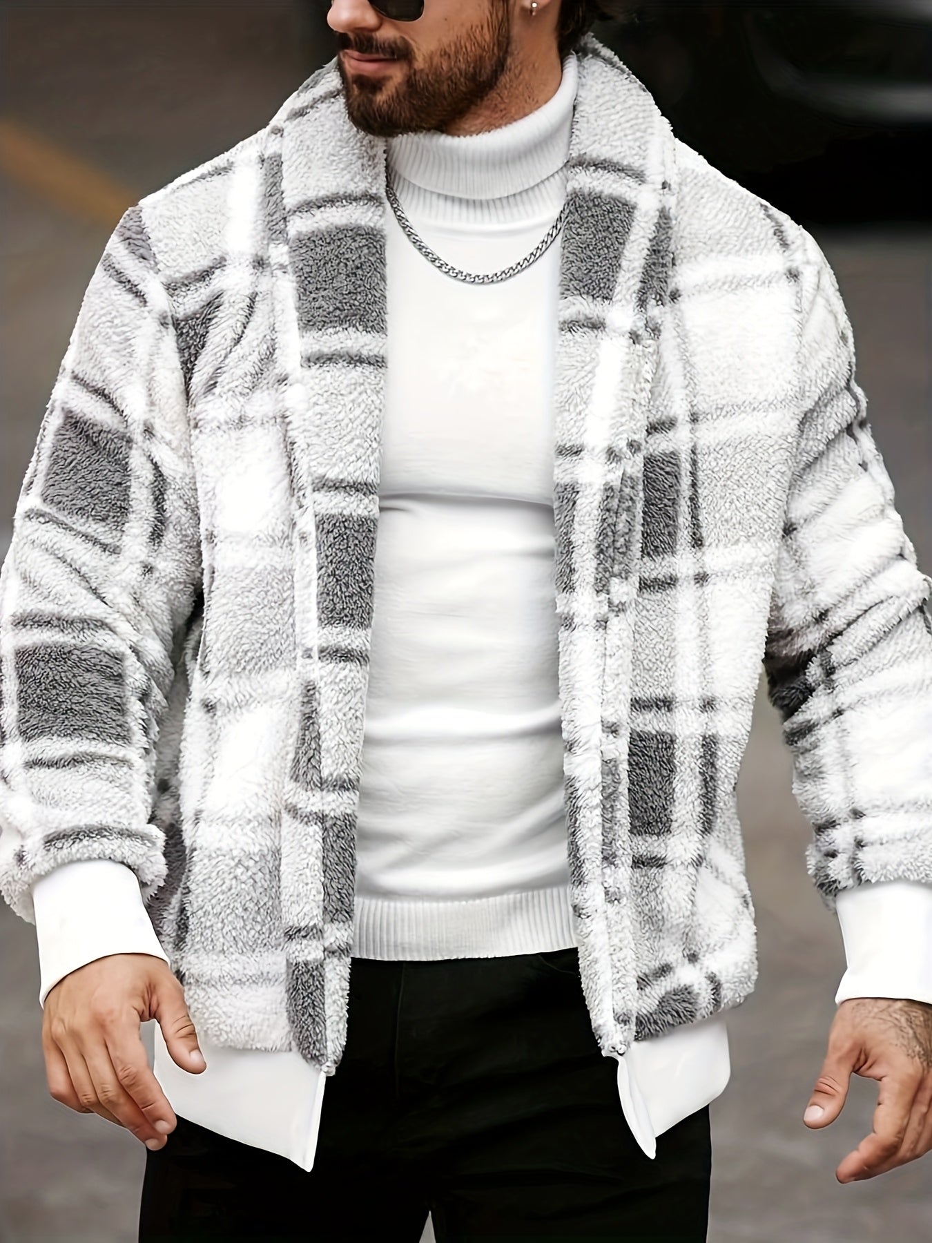 Men's black and yellow checkered plush fleece jacket by SHOWLU FASHION STORE, soft thermal fabric, cozy and stylish for cold weather.