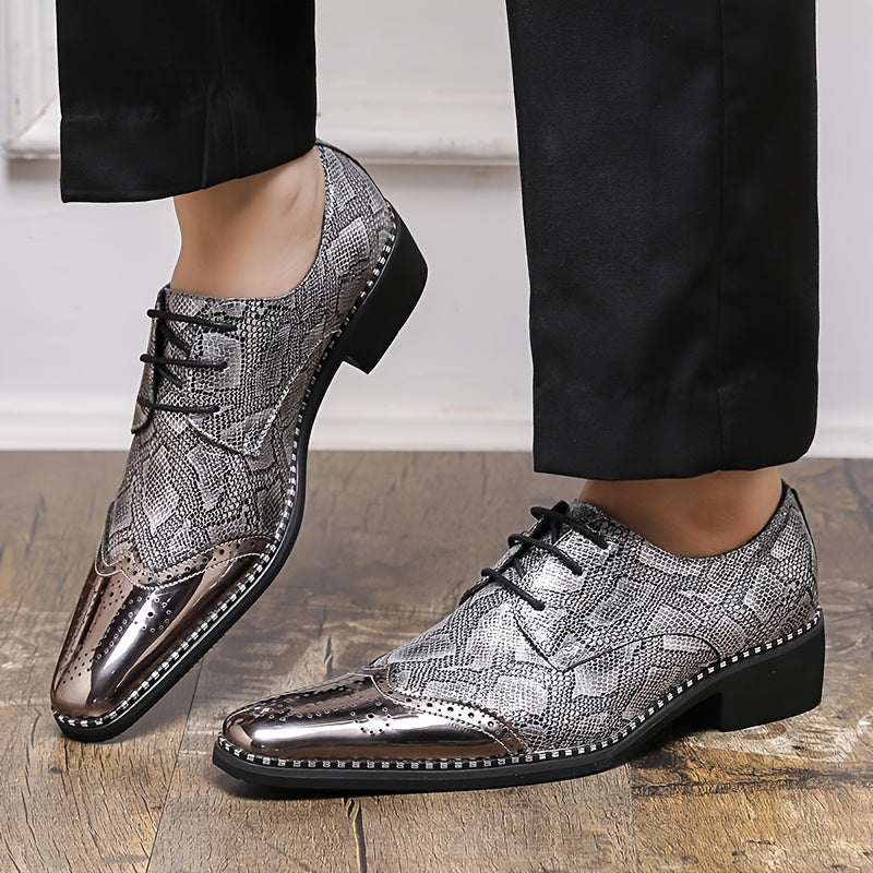 SHOWLU FASHION men's golden diamond pattern brogue loafers with pointed toe, stylish leather dress shoes for men
