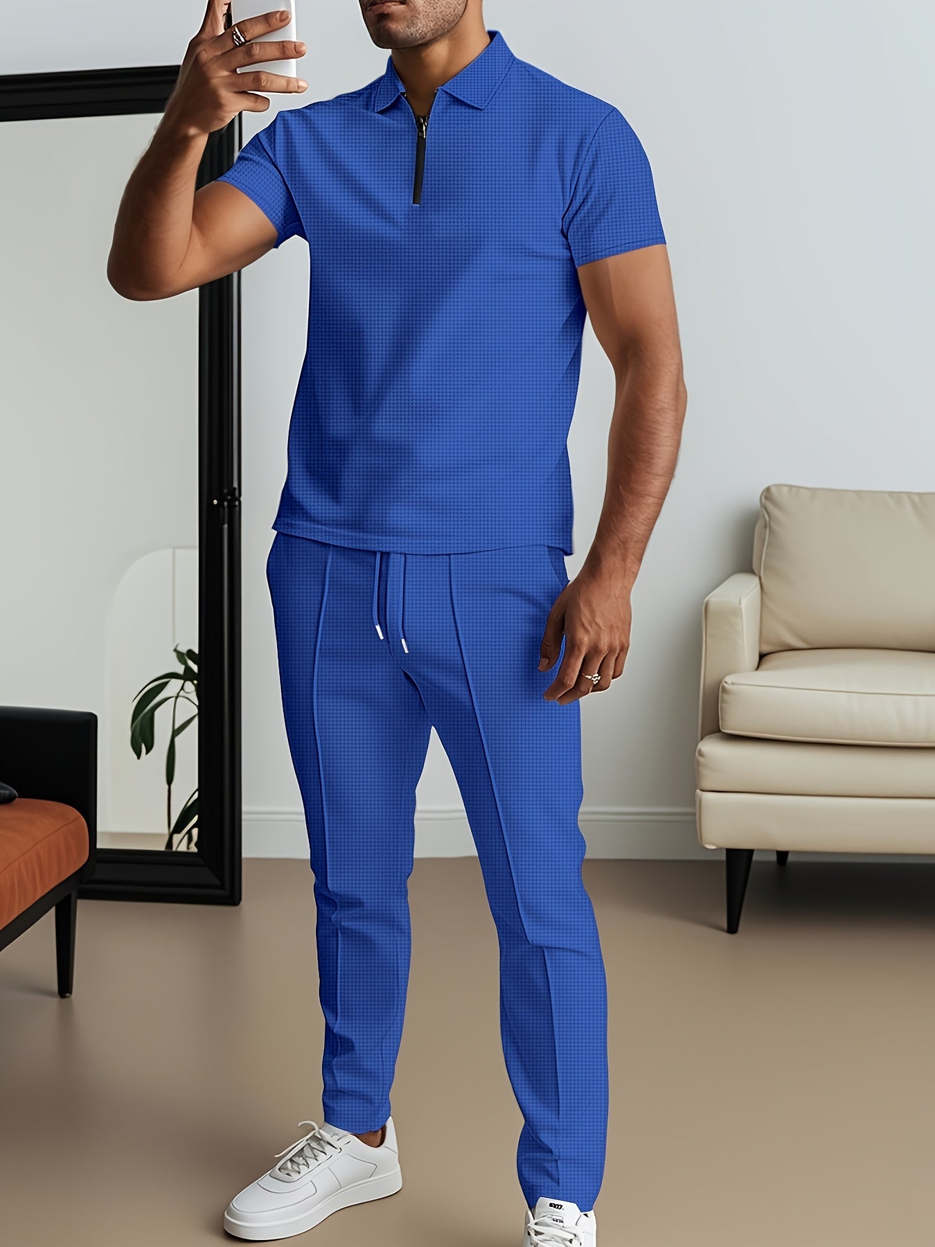 SHOWLU men's waffle texture short sleeve shirt and matching pants 2-piece set, casual and comfortable clothing ensemble.