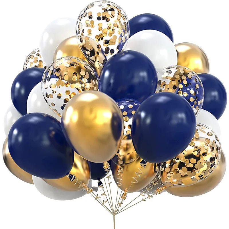 Set of 20 navy blue and gold metallic latex balloons with confetti, suitable for birthday, baby shower, or wedding celebrations.