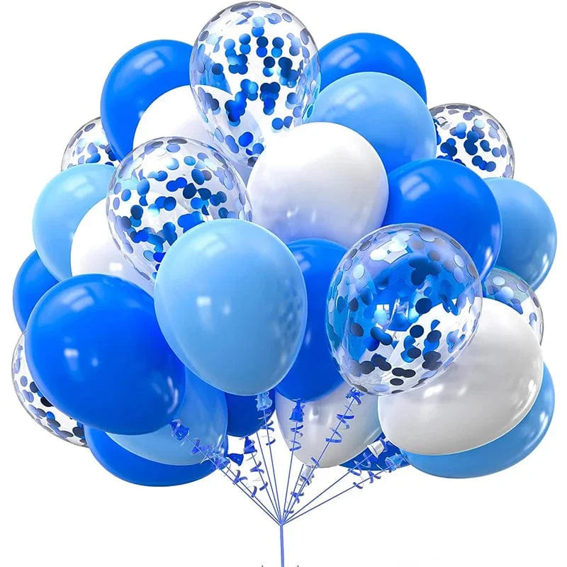 Set of 20 navy blue and gold confetti metallic latex balloons for birthday, baby shower, or wedding celebration decorations.