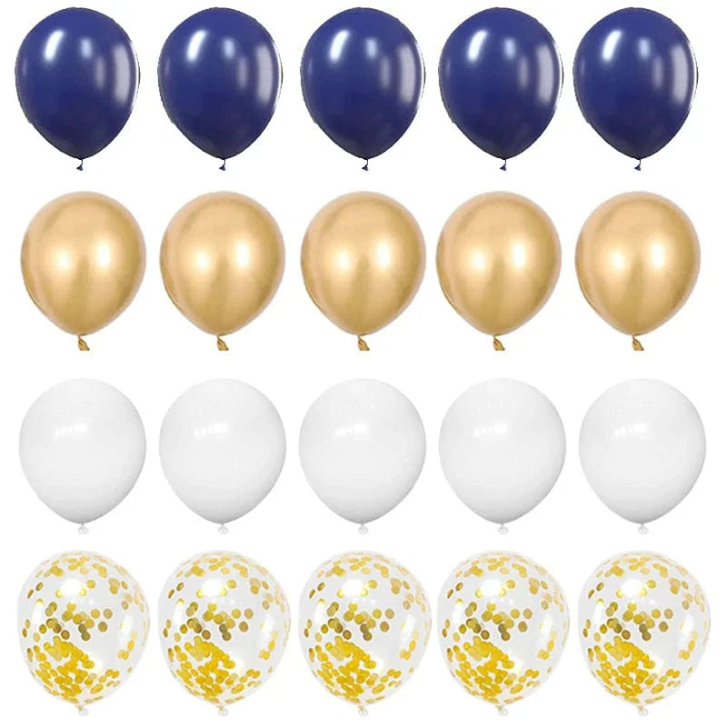 Set of 20 navy blue and gold confetti metallic latex balloons for birthday, baby shower, wedding, or party decorations.