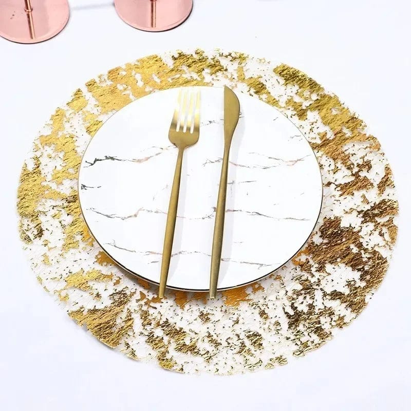 Set of 20 gold foil round table mats for parties, tea, dining, wedding, and birthday decorations, disposable and stylish.