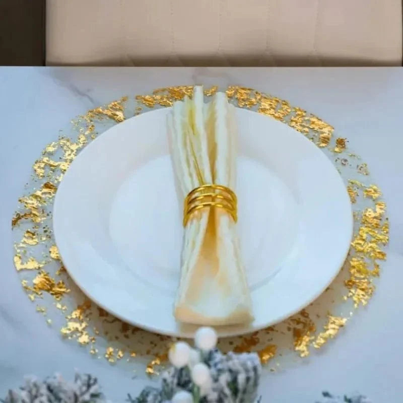 Set of 20 gold foil round table mats for parties, wedding, and home dining, featuring elegant disposable placemats for table decoration.