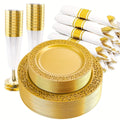 Showlu 210-piece gold disposable plastic plates and cutlery set with dinner plates, dessert plates, cups, and silverware for parties.