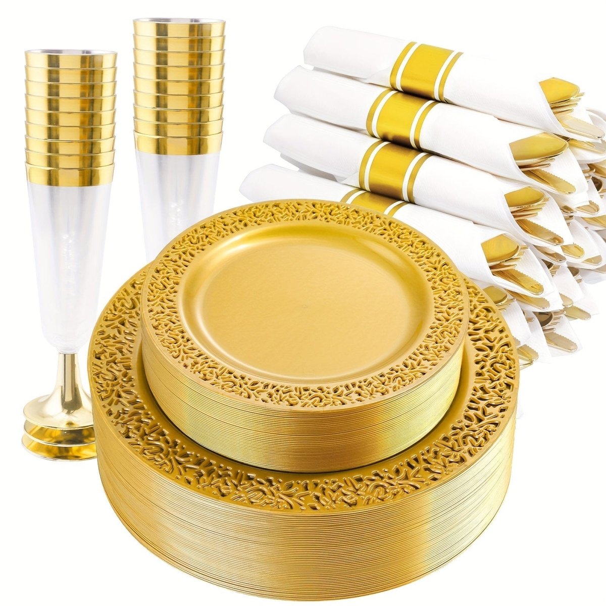 Showlu 210-piece gold disposable plastic plates and cutlery set with dinner plates, dessert plates, cups, and silverware for parties.