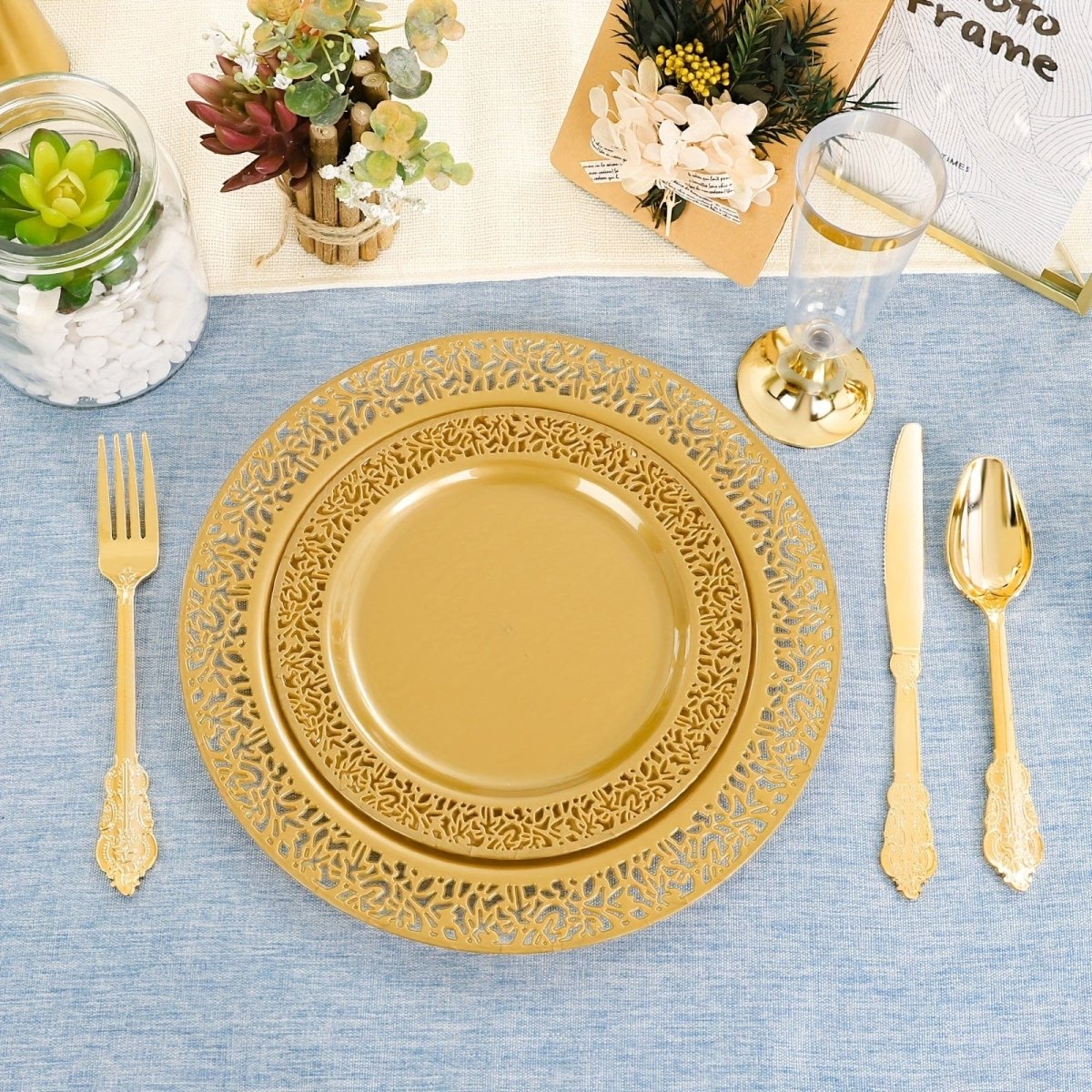 Showlu 210-piece gold disposable plastic plates and cutlery set with dinner and dessert plates, cups, and gold silverware for parties.