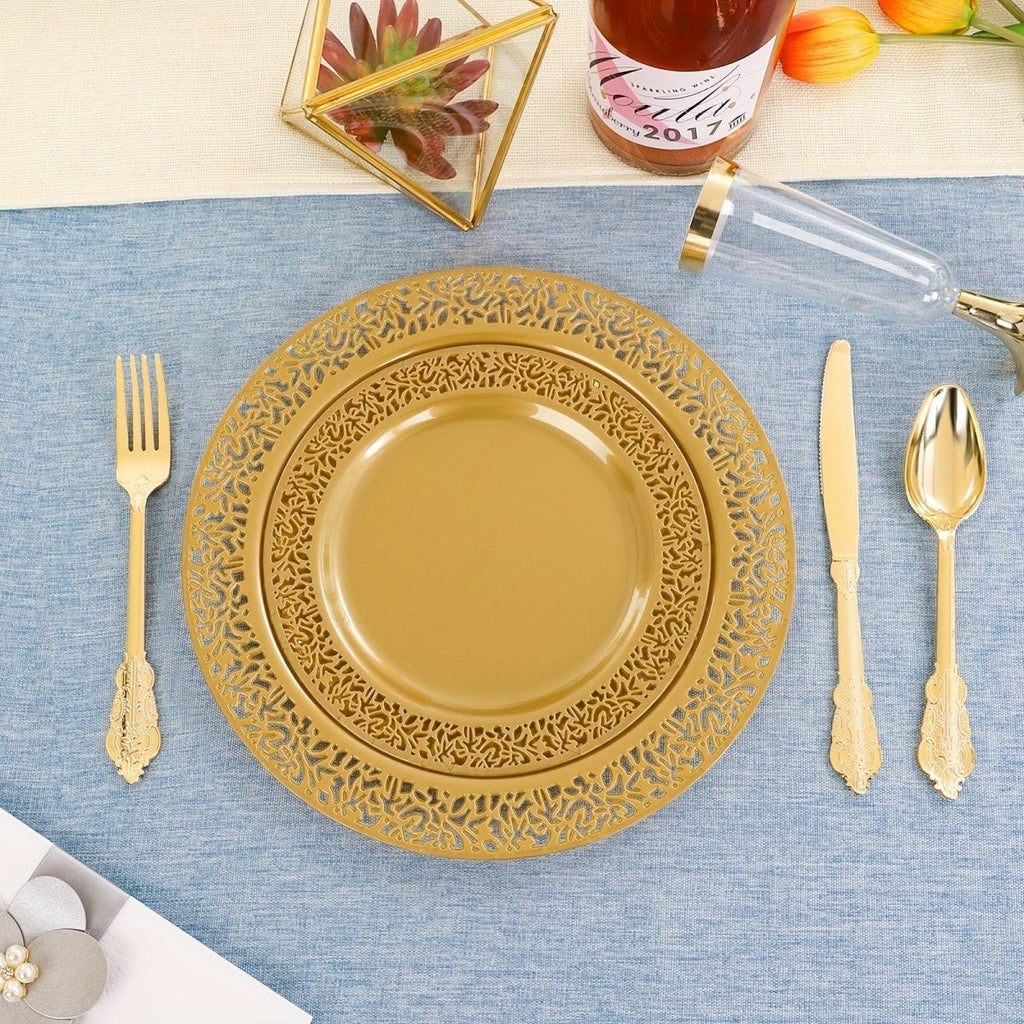 Showlu 210-piece gold disposable plastic plates and cutlery set with dinner and dessert plates, cups, and silverware for parties.