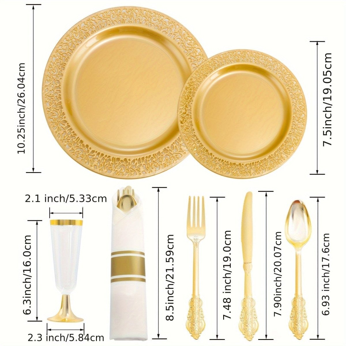 Showlu 210-piece gold disposable plastic plates and cutlery set with dinner plates, dessert plates, cups, perfect for parties