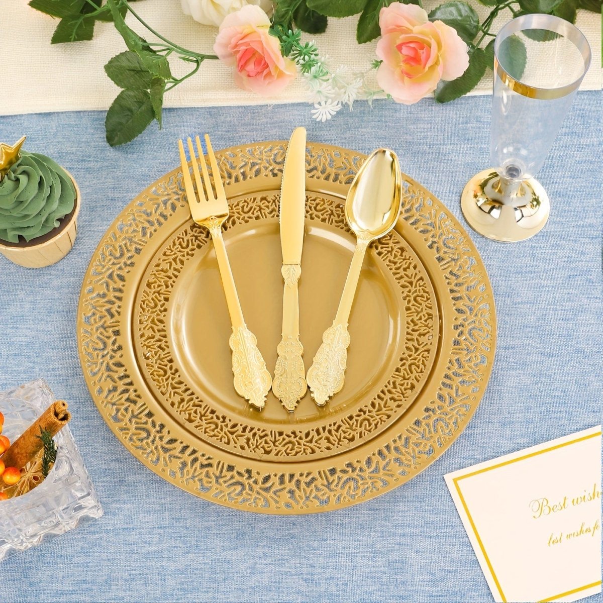 Showlu 210-piece gold disposable plastic plates and cutlery set with dinner plates, dessert plates, cups, and silverware for parties
