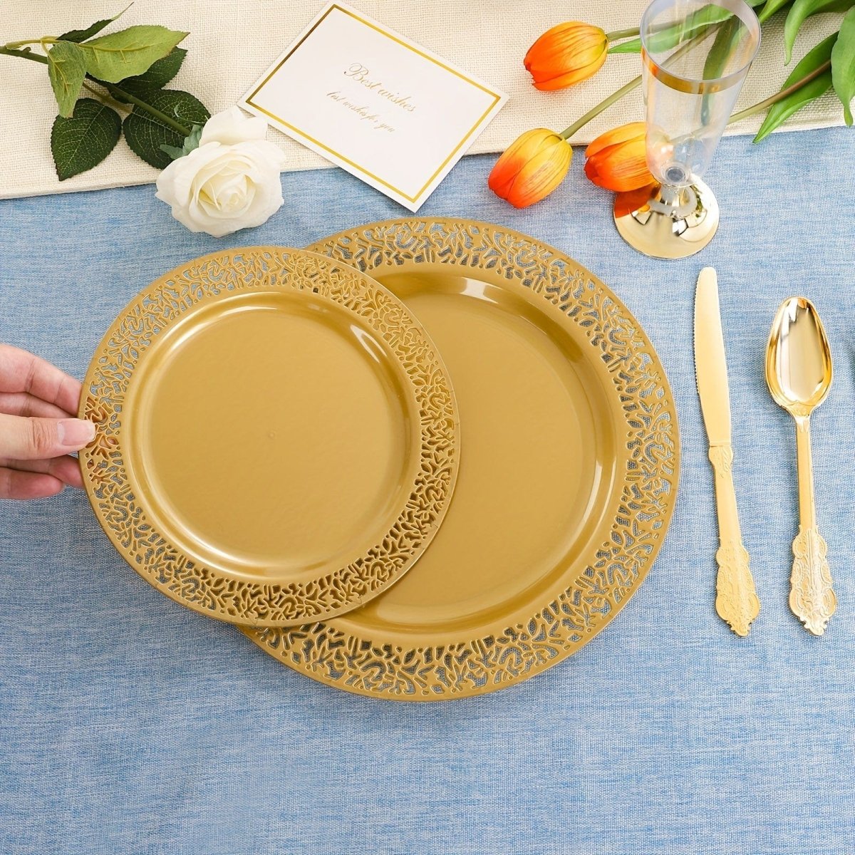 Showlu 210-piece gold disposable plastic plates and cutlery set with dinner plates, dessert plates, cups, ideal for parties