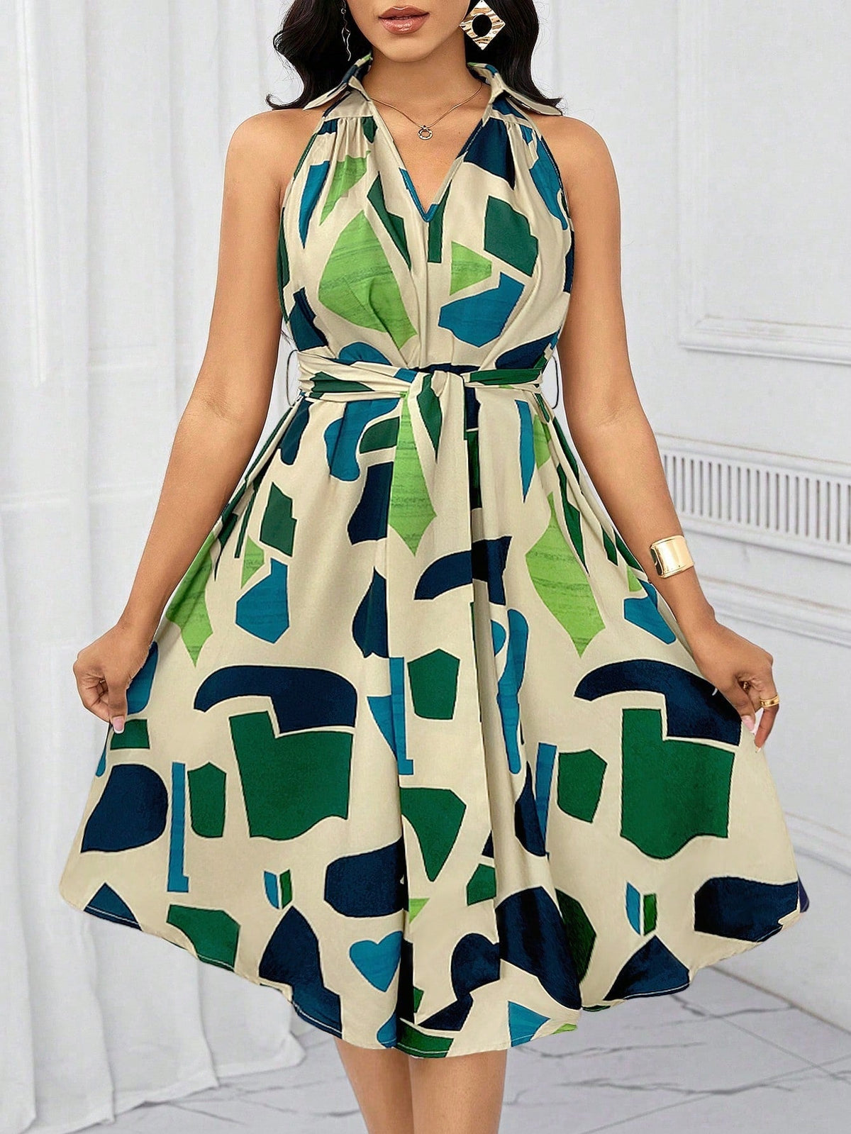 Women's geometric print V-neck A-line dress with bow waist tie by SHOWLU FASHION STORE, featuring stylish design and flattering fit.