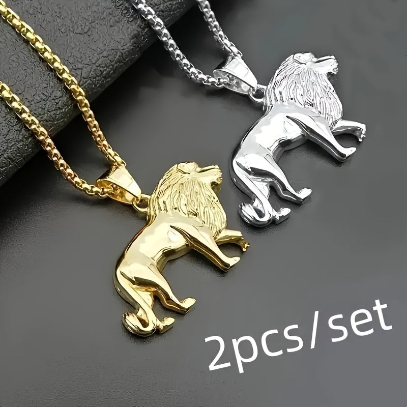 Showlu 18K gold plated stainless steel lion pendant necklace set featuring a detailed lion charm on a matching chain.