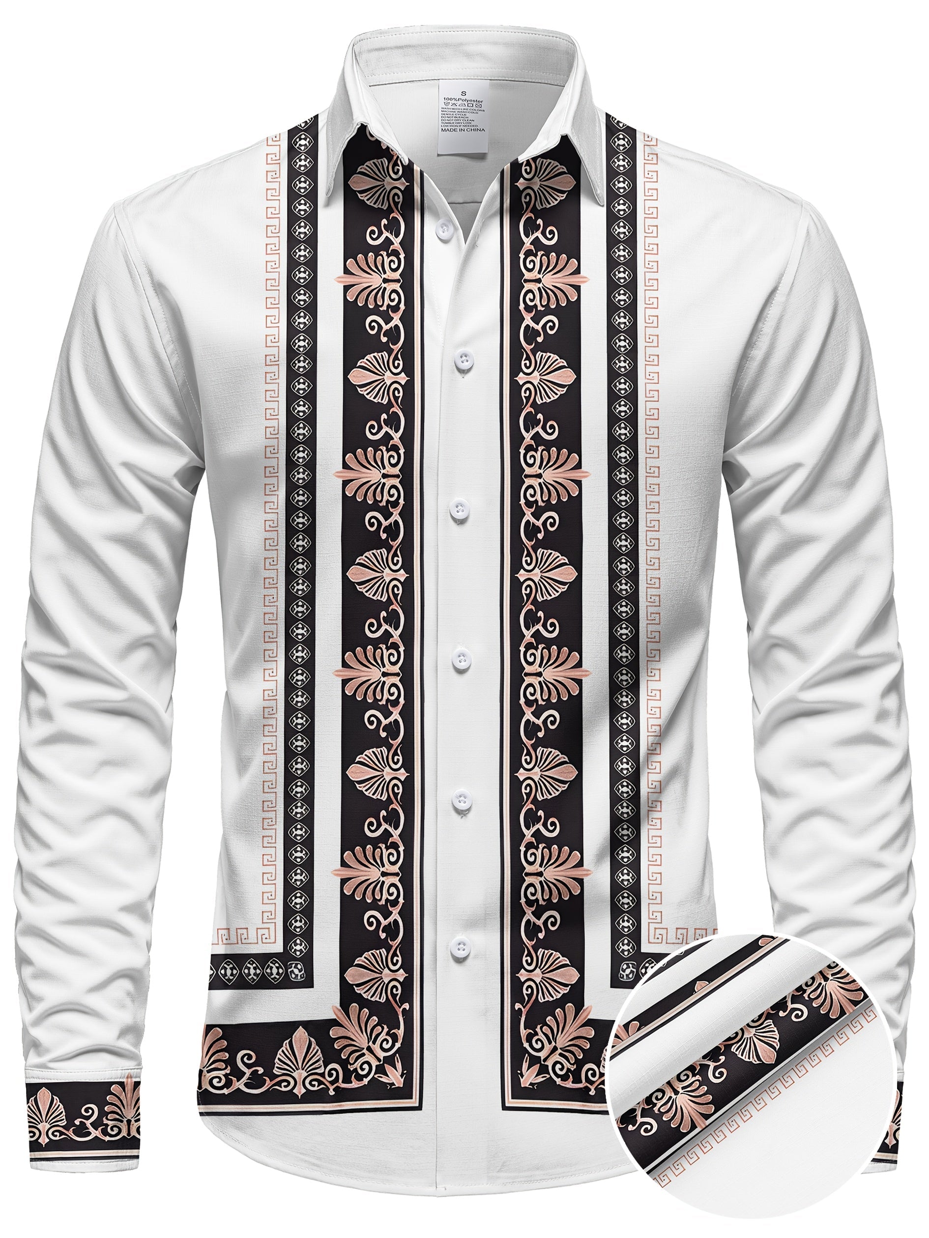 SHOWLU Men's long sleeve ethnic floral shirt in turquoise and gold, featuring intricate traditional patterns and a comfortable fit.