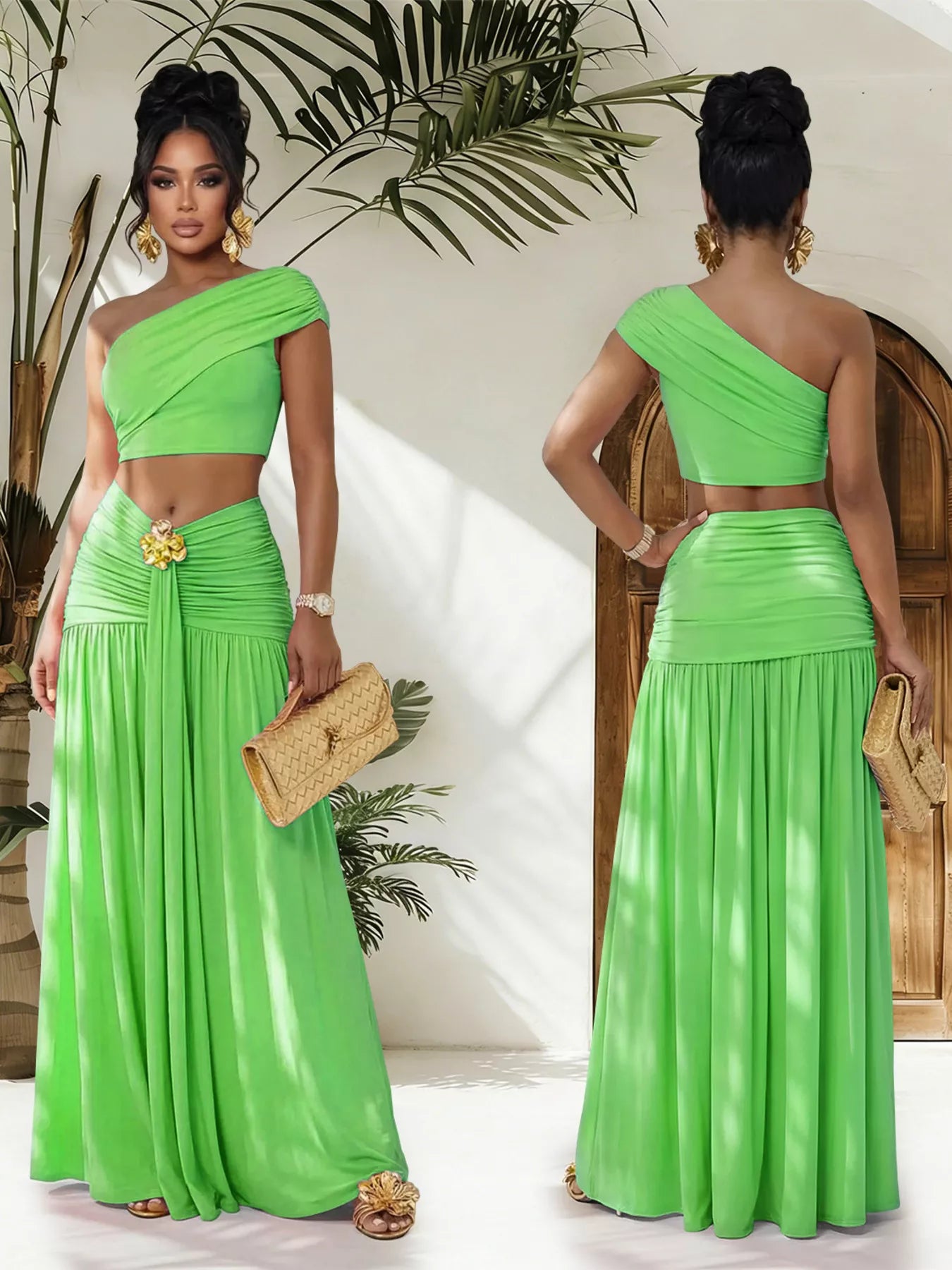 One-shoulder top and ruched maxi skirt set by Trendsi, featuring a stylish asymmetrical top and elegant pleated skirt.