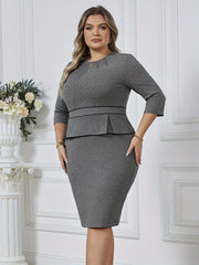 2 In 1 Plus Size Ruched Bodycon Dress, Elegant 3/4 Sleeve Dress For Spring & Summer, Women's Plus Size Clothing