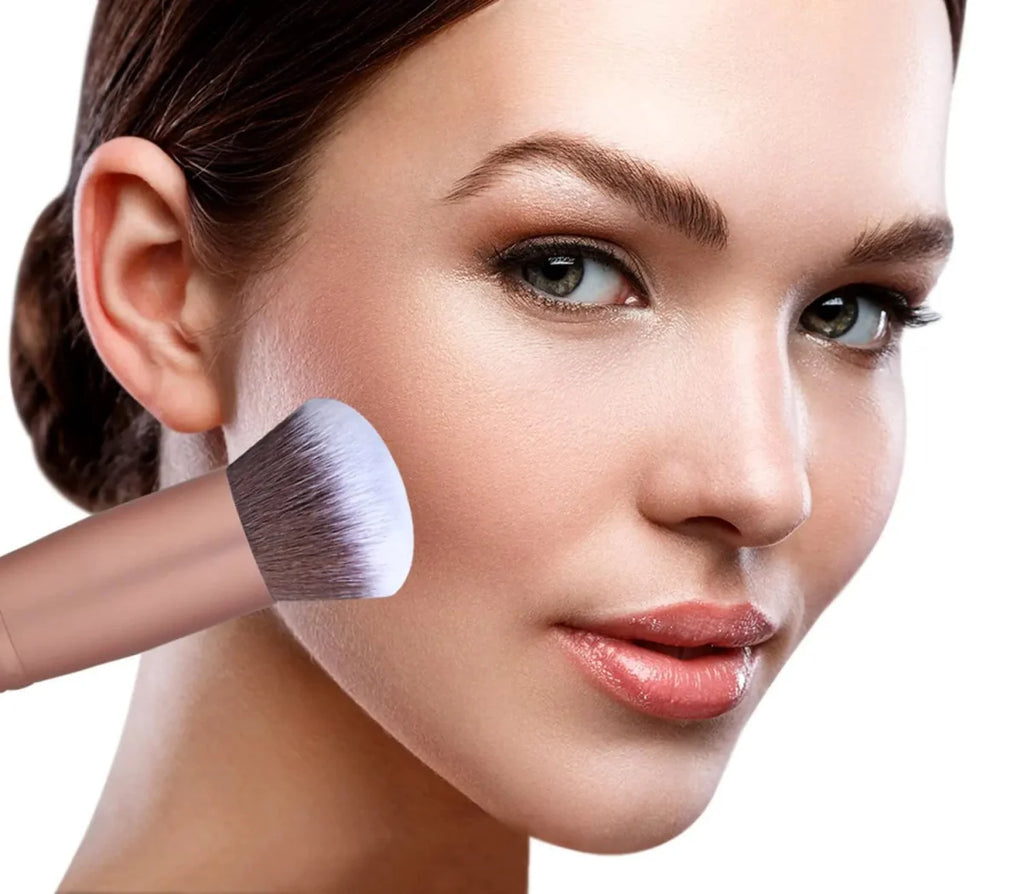 Rose gold makeup brush set with 22 synthetic bristles, including face and eye brushes, for professional cosmetic application.