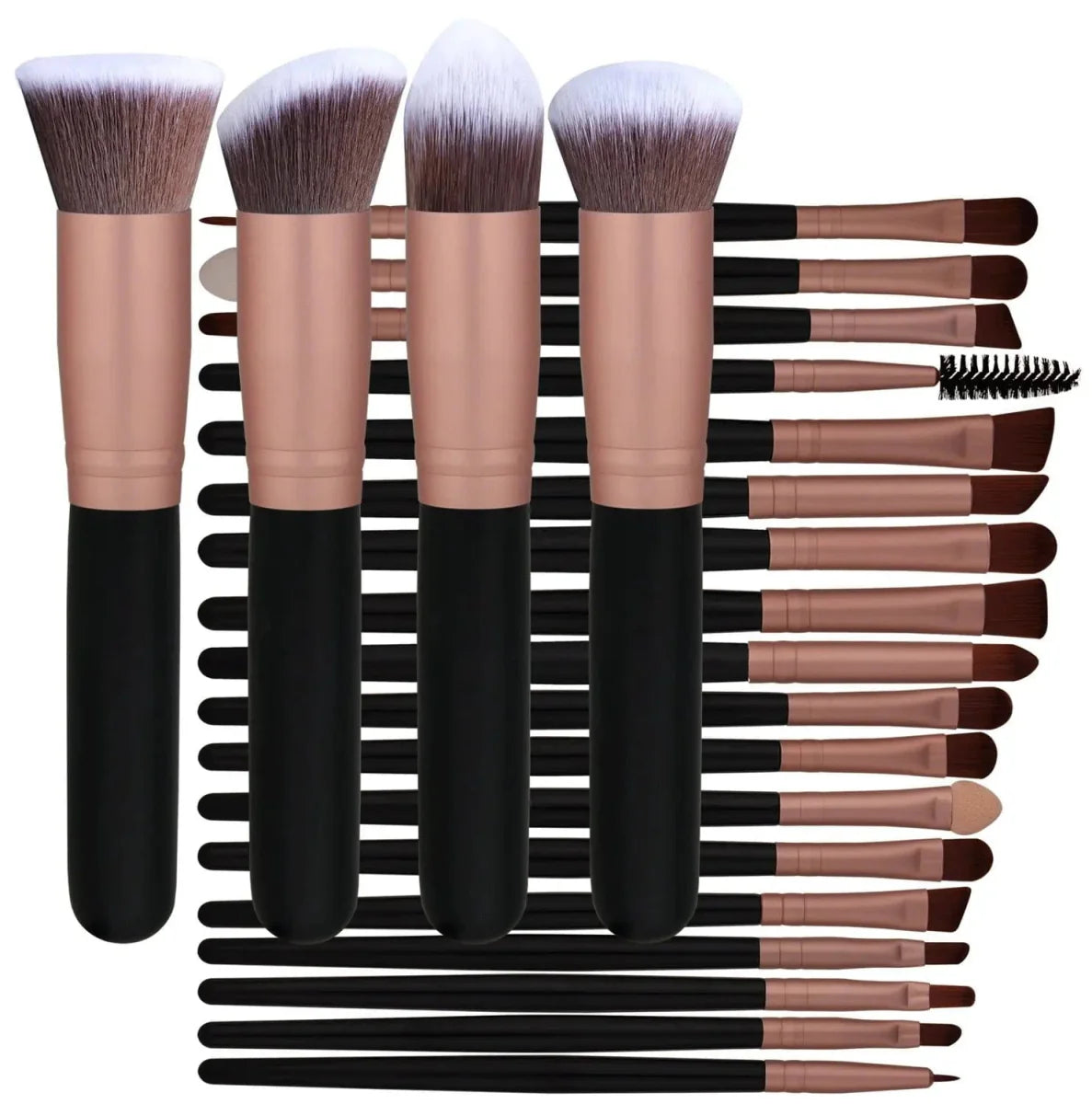 Rose gold makeup brush set with 22 premium synthetic brushes, including face and eye makeup tools.