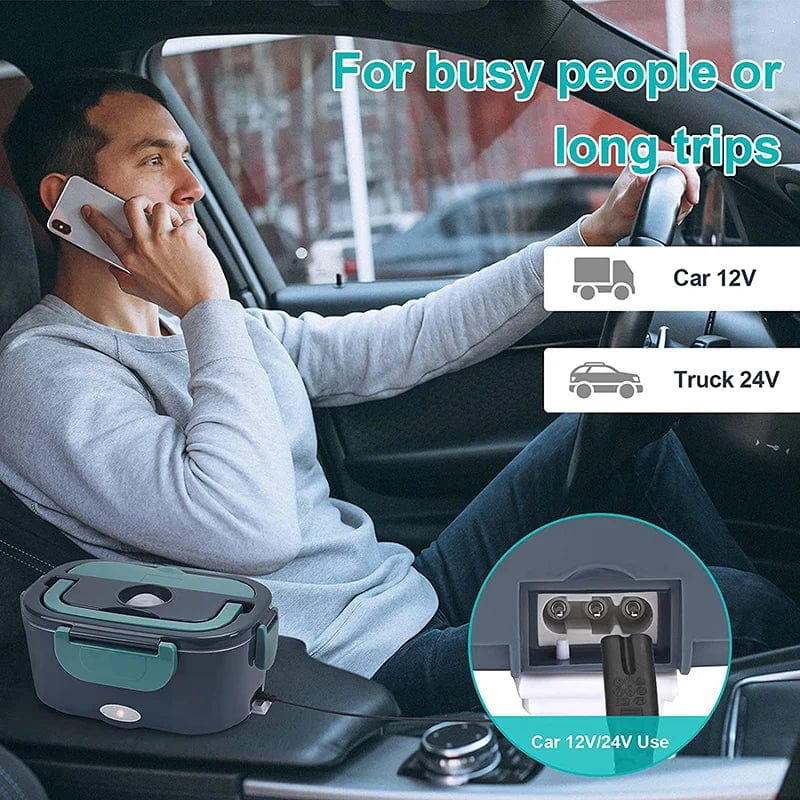 Showlu 2-in-1 electric lunch box with stainless steel container, portable food warmer for home and car use, leakproof design.