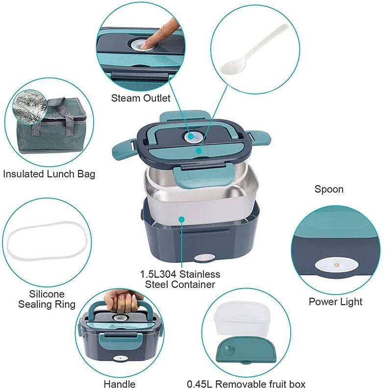 Showlu 2-in-1 electric lunch box with stainless steel food warmer, portable, leakproof, suitable for home and car use.