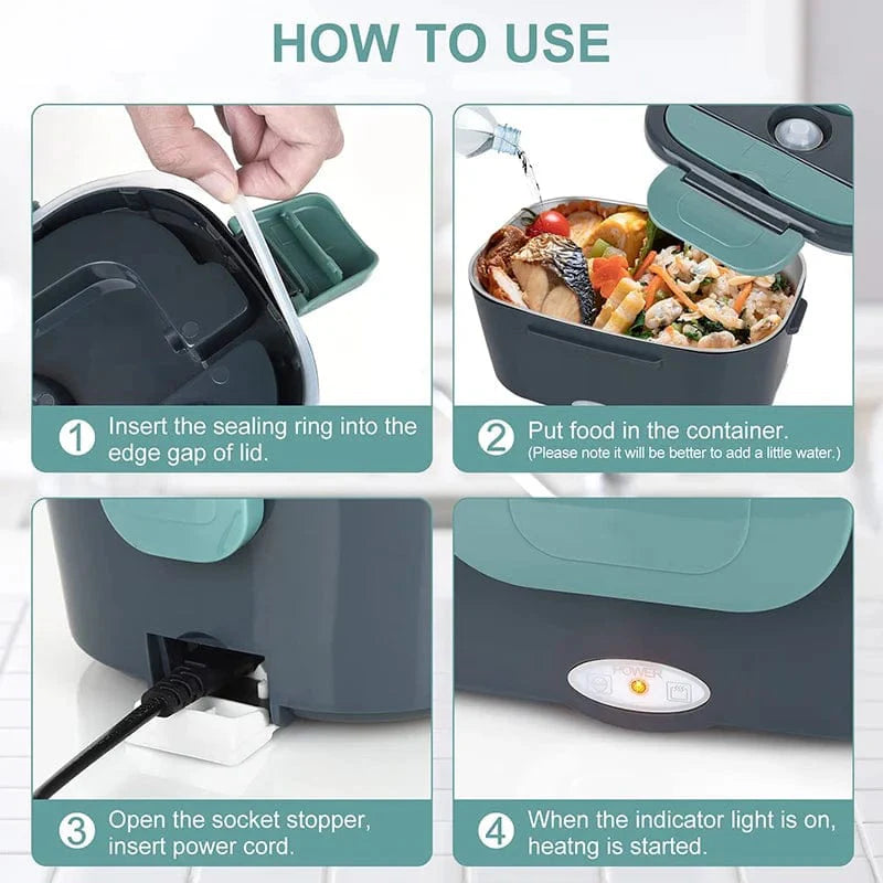 Showlu 2-in-1 electric lunch box with stainless steel container, portable food warmer for home, car, or travel use.