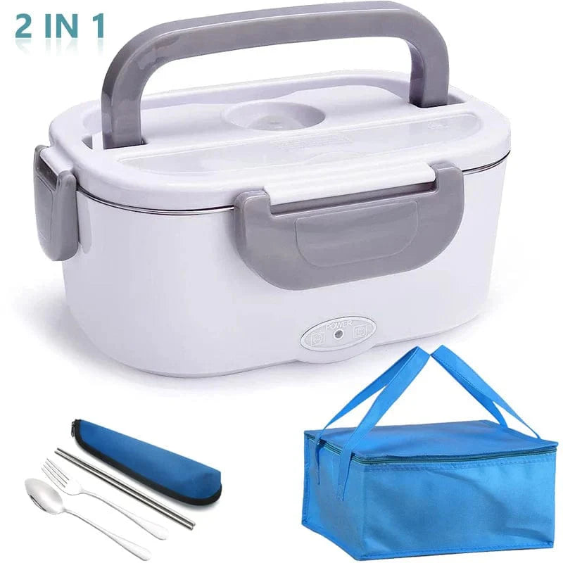 Showlu 2-in-1 electric lunch box with stainless steel interior, portable food warmer for home and car use, leakproof design.