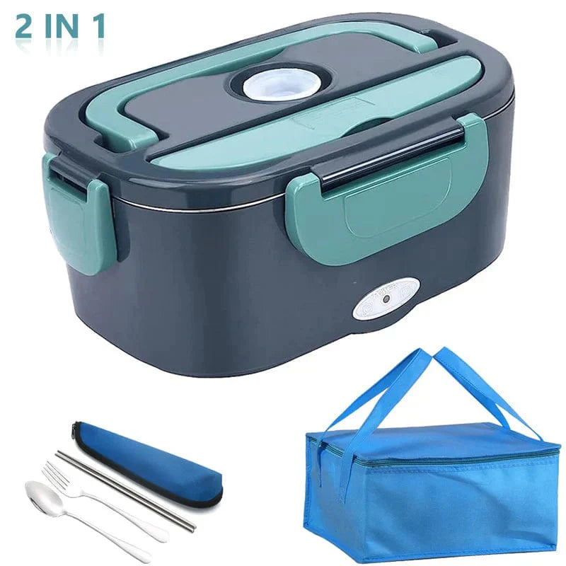 Showlu 2-in-1 electric lunch box with stainless steel container, portable food warmer for home, car, 220V, leakproof, dual-use design.