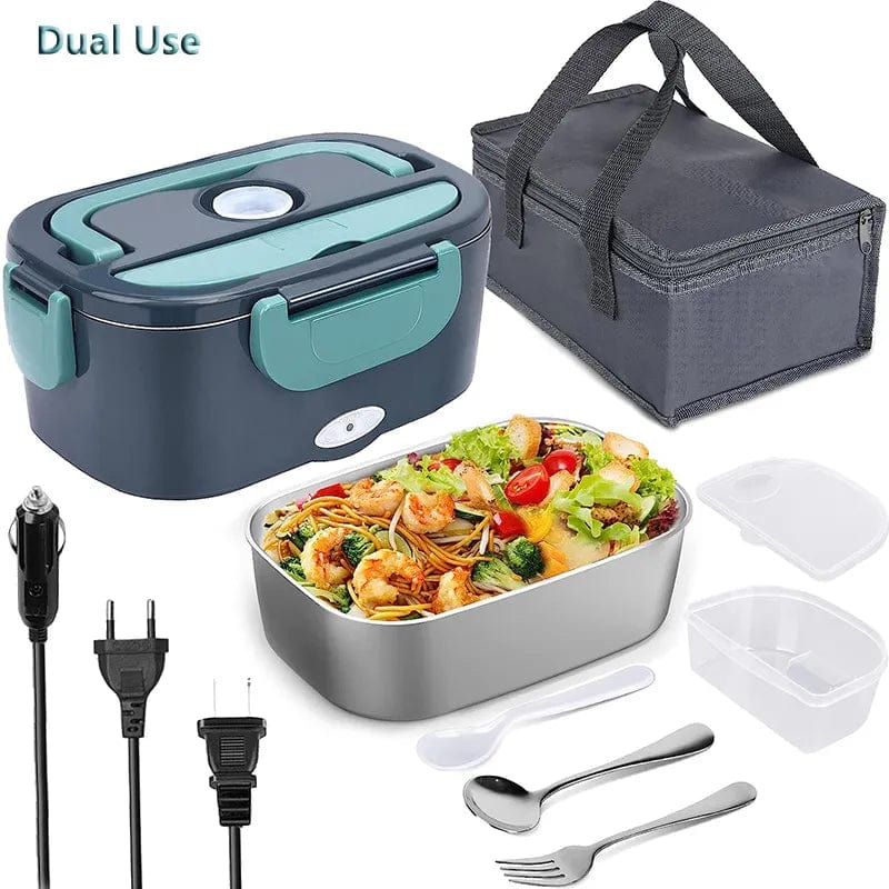 Showlu 2-in-1 electric lunch box with stainless steel container, dual-use home and car food warmer, leakproof and portable.