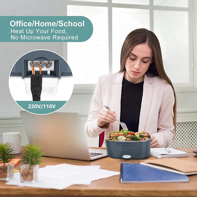 Showlu 2-in-1 electric lunch box with stainless steel container, portable food warmer for home, car, and travel use.