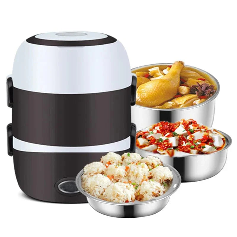 Portable Aleekit electric lunch box with 2L stainless steel rice cooker, food warmer, compact design for home, office, or school use