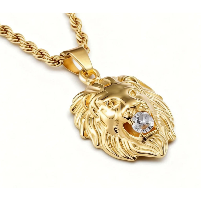 Golden lion head pendant necklace in stainless steel, hip-hop jewelry style with intricate lion design and chain detail.