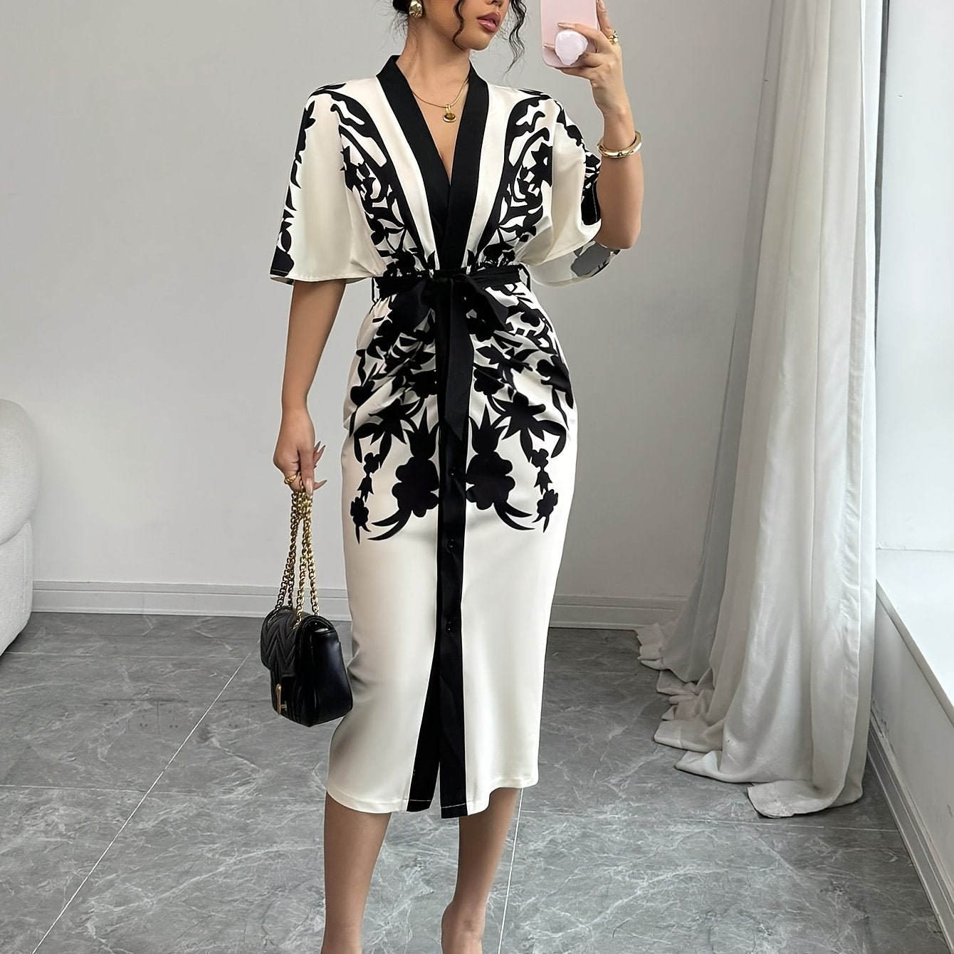 Women's V-neck summer dress by SHOWLU FASHION with front tie, slim fit, printed design, perfect for warm weather.