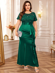 Plus Size, P54328A Elegant large size Women's lace contrasting satin sequined bridesmaid dress, round neck short sleeves, ruffle edge mermaid hem, very suitable for formal parties, parties, weddings