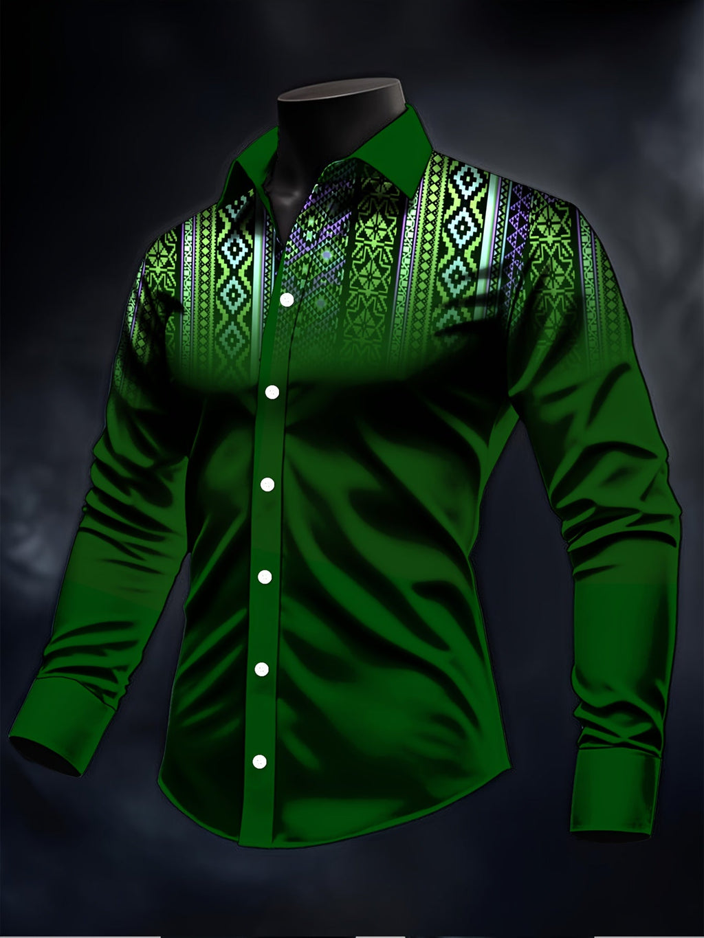 Men's dark green geometric print ethnic long sleeve shirt by Showlu Fashion Store, featuring traditional patterns and a tailored fit.