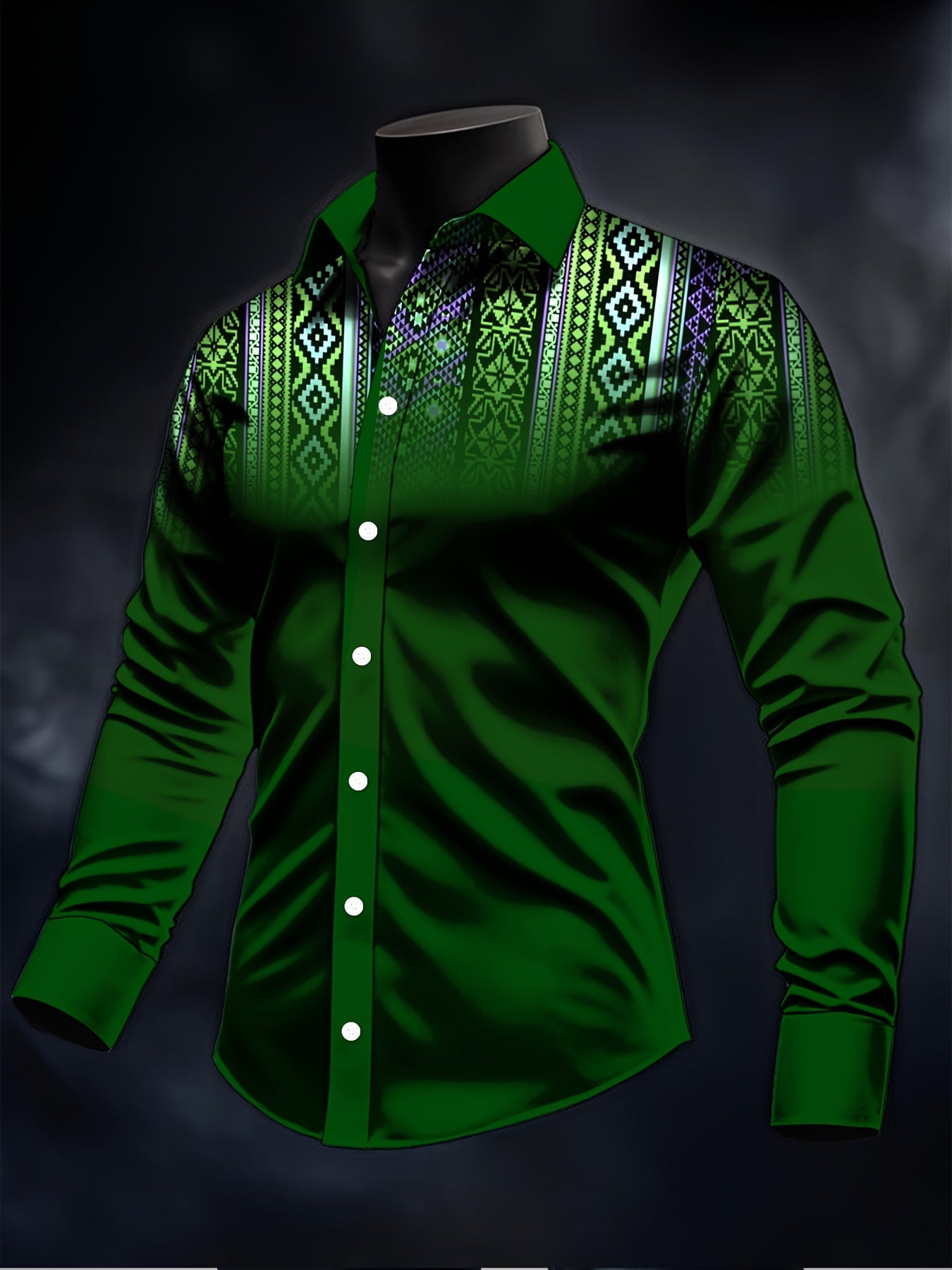 Men's dark green geometric print ethnic long sleeve shirt by Showlu Fashion Store, featuring traditional patterns and a tailored fit.